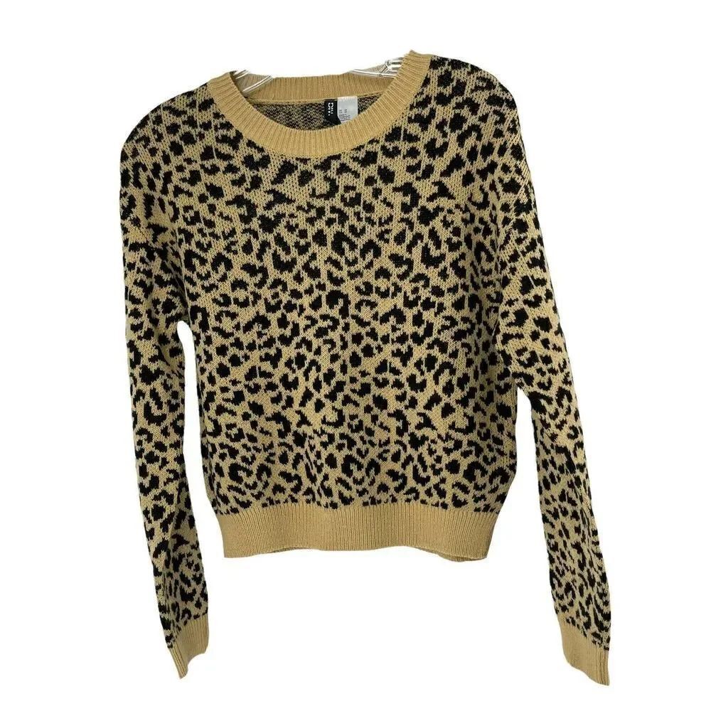 Cropped Animal Print Sweater Womens Size XS Cheetah Leopard Knit Top H&M Brown